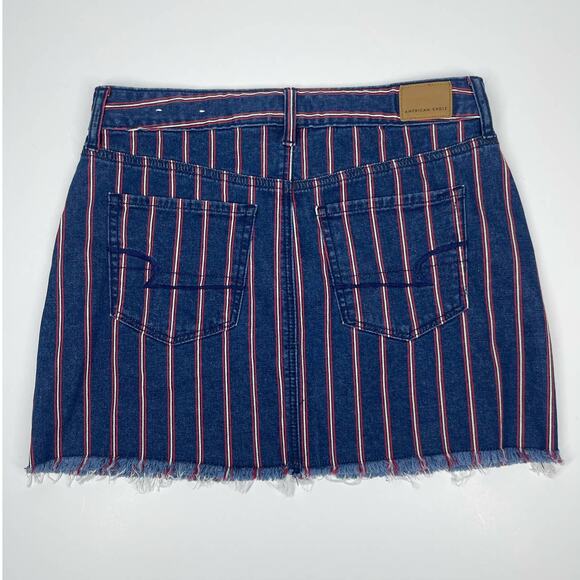 American Eagle Hi Rise Denim Mini Skirt Size 10 Red and White Stripe Retro - Picture 2 of 5